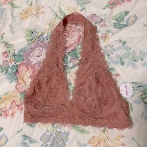 Pink Lace Halter Bra Bralette Top Hook&Eye Closure Back (Unpadded, Wirefree)